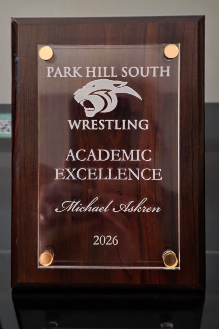 5" x 7" High Gloss Cherry Finish Plaque w stand-offs and custom engraved acrylic