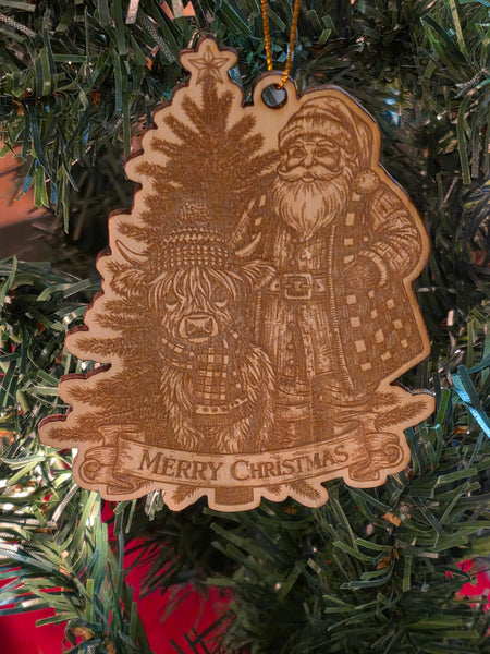 🎄 Santa & Highland Cow Engraved Christmas Ornament