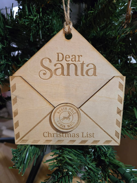 🎄 Letter to Santa — Laser-Cut Wood Ornament (Real List Pocket!)