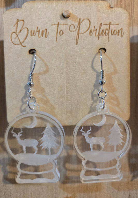 🦌 Deer Snow Globe Acrylic Earrings – Laser-Cut Winter Jewelry