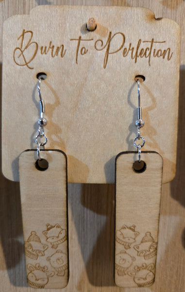 ❄️ Winter Animals Bar Earrings — Laser-Engraved Wooden Holiday Style